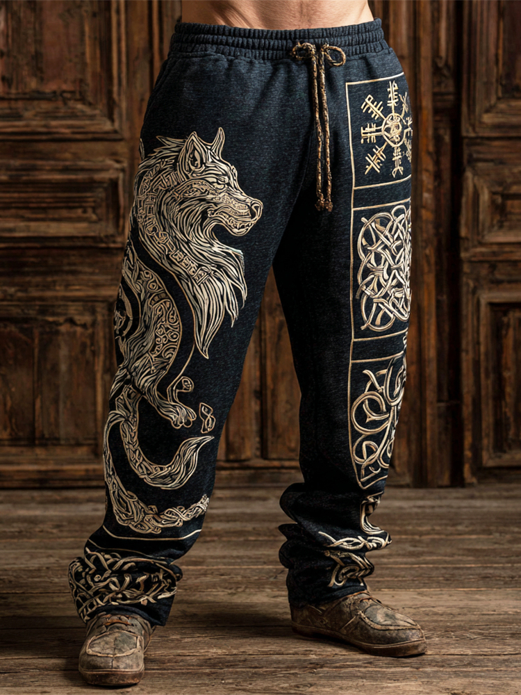 Viking Fenrir Wolf & Celtic Knot Print Men's Casual Pants