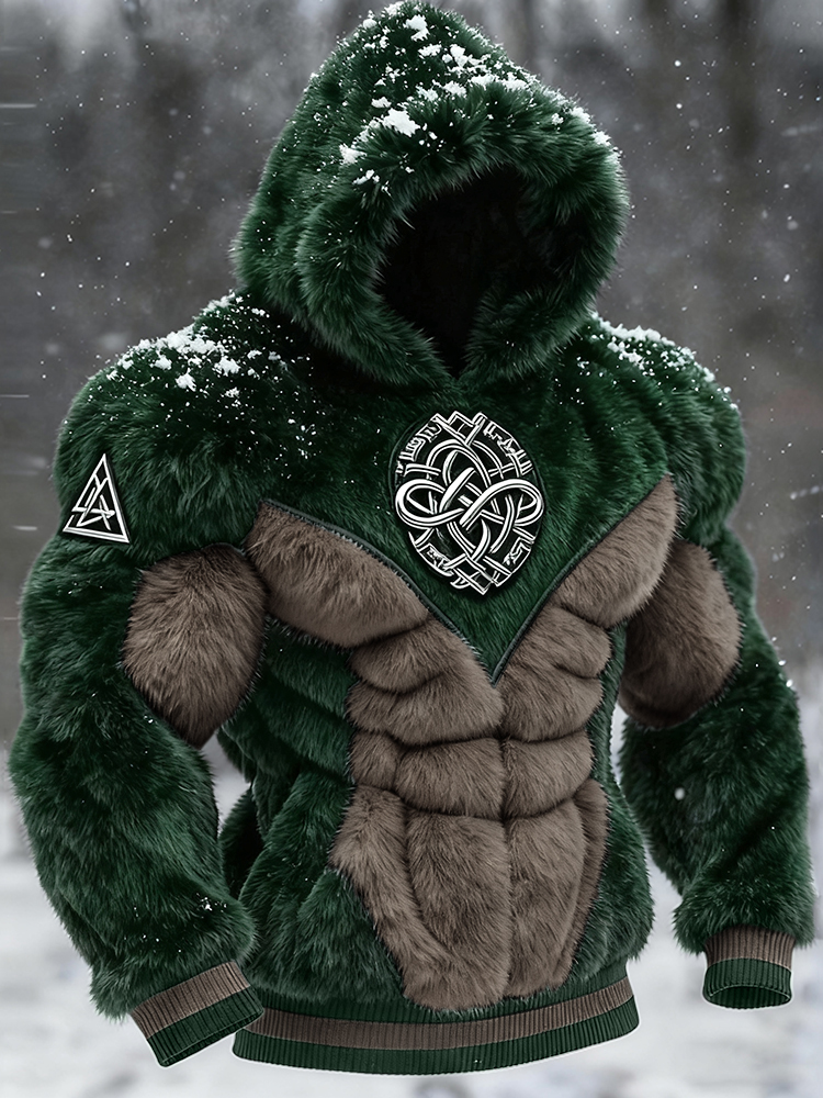 Men's Viking Tribal Jacquard Celtic Muscle Line Inspired Art Plush Warm Hoodie