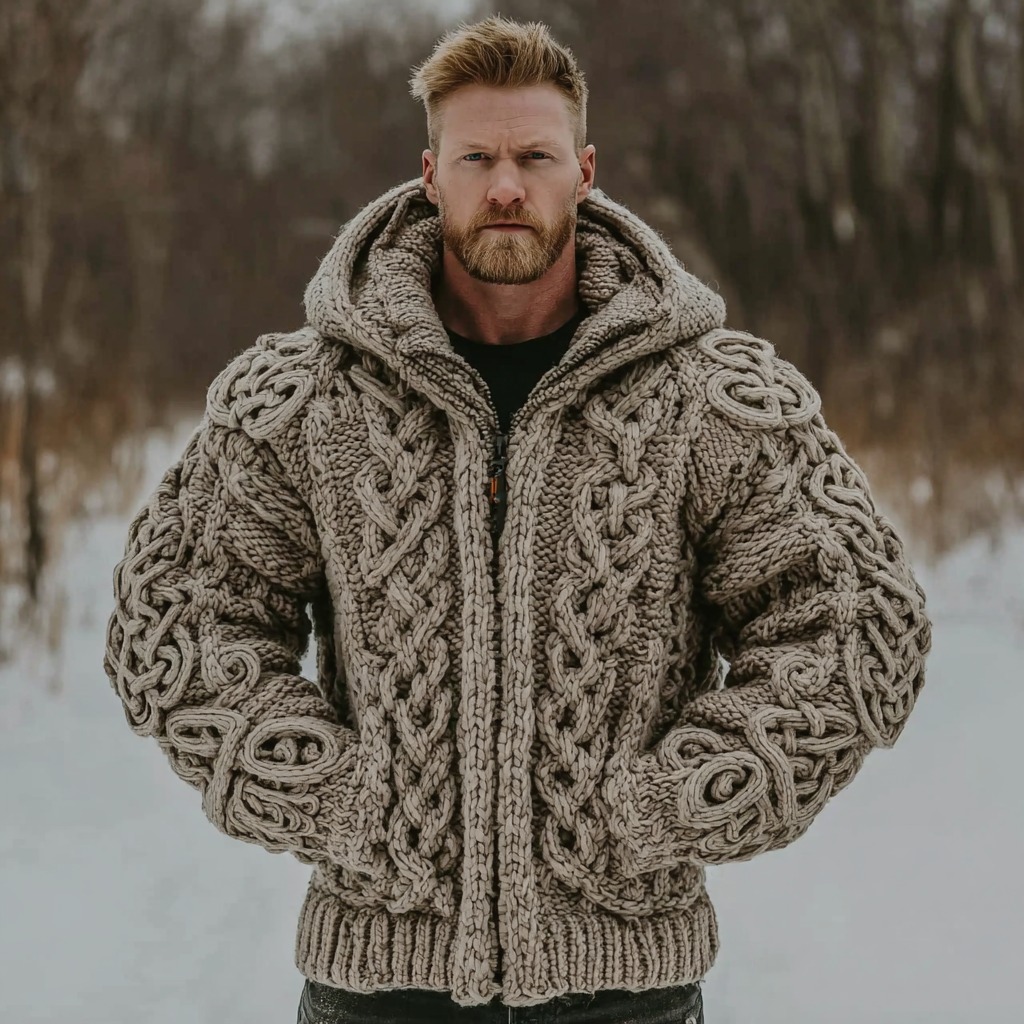 Men's Vintage Viking Celtic Knit Jacquard Zip Hooded Sweater