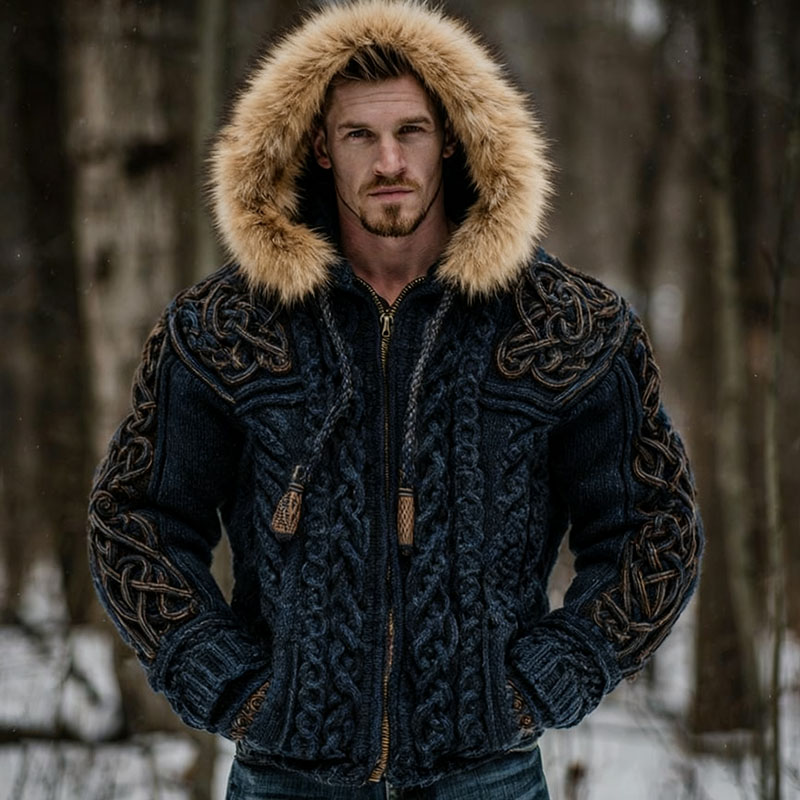 Men's Viking Celtic Knot Art Chunky Knit Fur Collar Hooded Zipper Cardigan