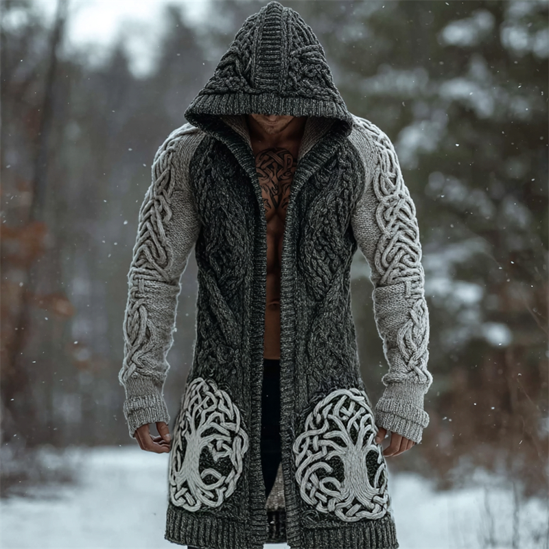 Men's Viking Tree Of Life Celtic Contrast Chunky Hooded Cardigan