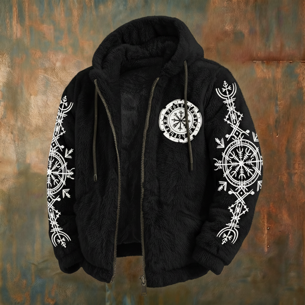 Men's Viking Tribal Jacquard Celtic With Crows & Wolves Inspired Plush Warm Zipped Hooded Jacket