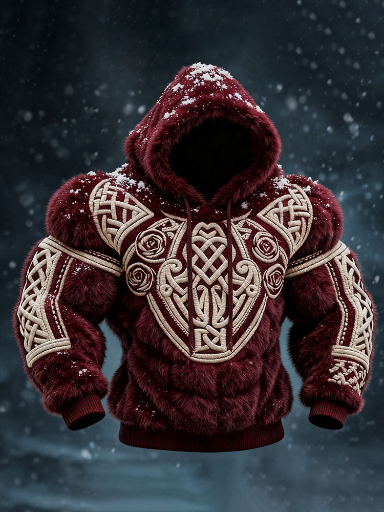 Men's Viking Tribal Jacquard Celtic Muscle Line Inspired Art Plush Warm Hoodie