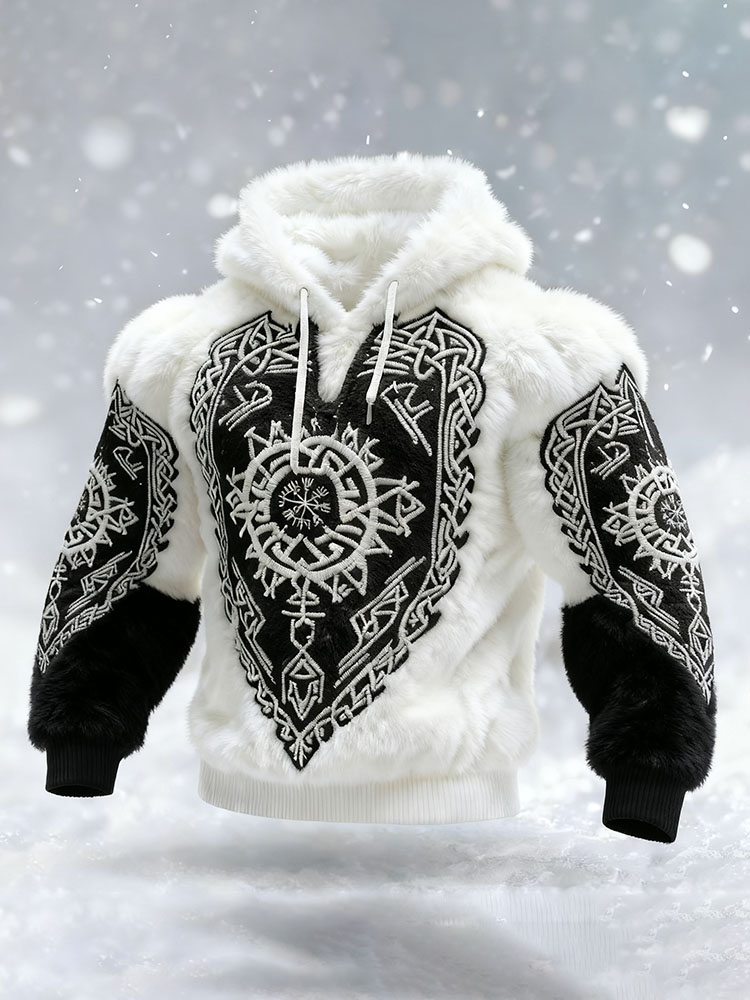 Men's Viking Tribal Jacquard Celtic Inspired Art Plush Warm Hoodie