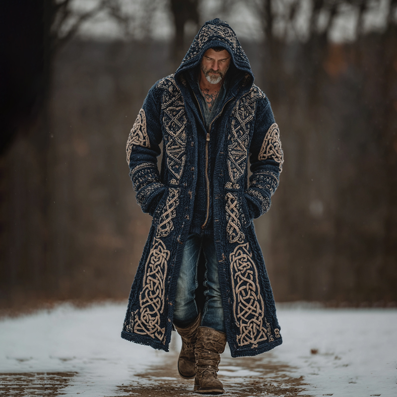 Men's Viking Celtic Knot Art Mid-length Chunky Knit Cardigan Sweater