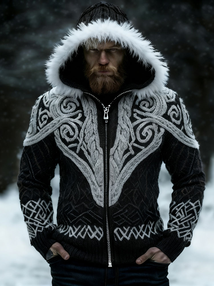 Men's Viking Celtic Knot Art Cozy Fur Collar Knit Hooded Sweater Jacket
