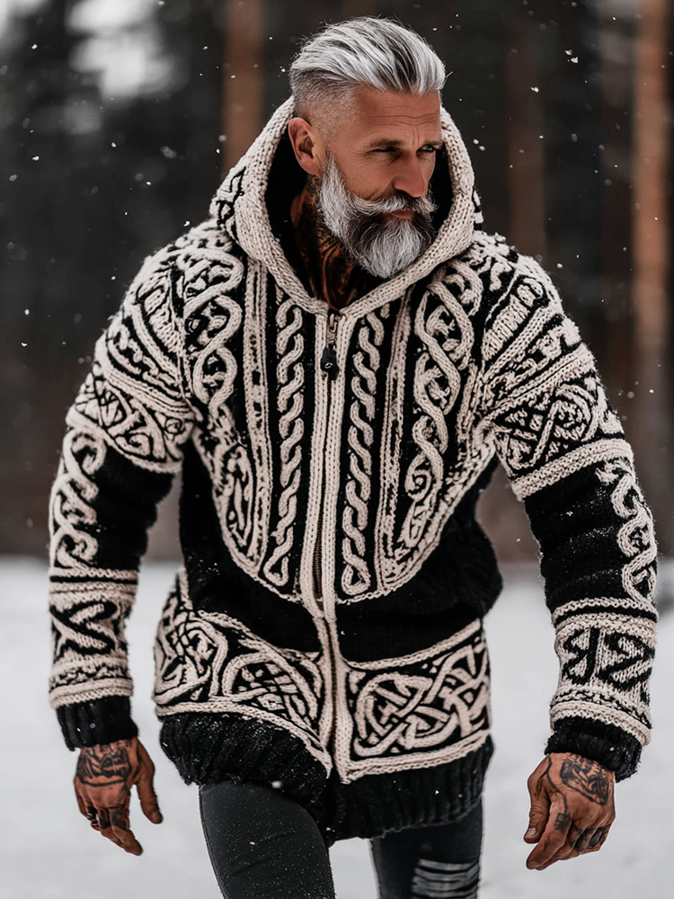 Men's Viking Tribal Jacquard Celtic Inspired Chunky Knit Zipped Hooded Sweater