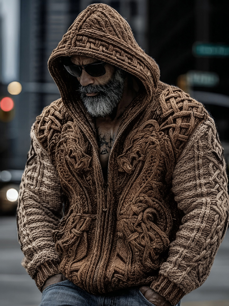 Men's Viking Dragon Totem Chunky Knit Hooded Cardigan