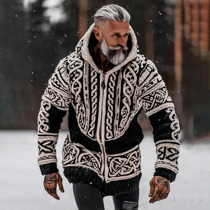 Men's Viking Tribal Jacquard Celtic Inspired Chunky Knit Zipped Hooded Sweater