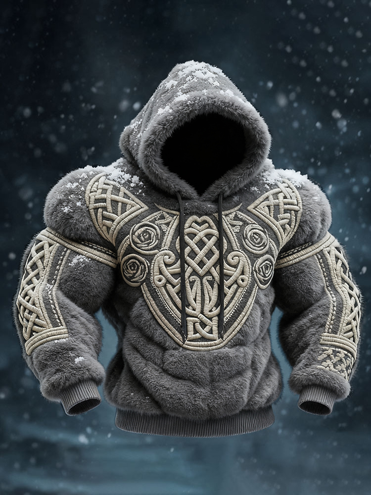 Men's Viking Tribal Jacquard Celtic Muscle Line Inspired Art Plush Warm Hoodie