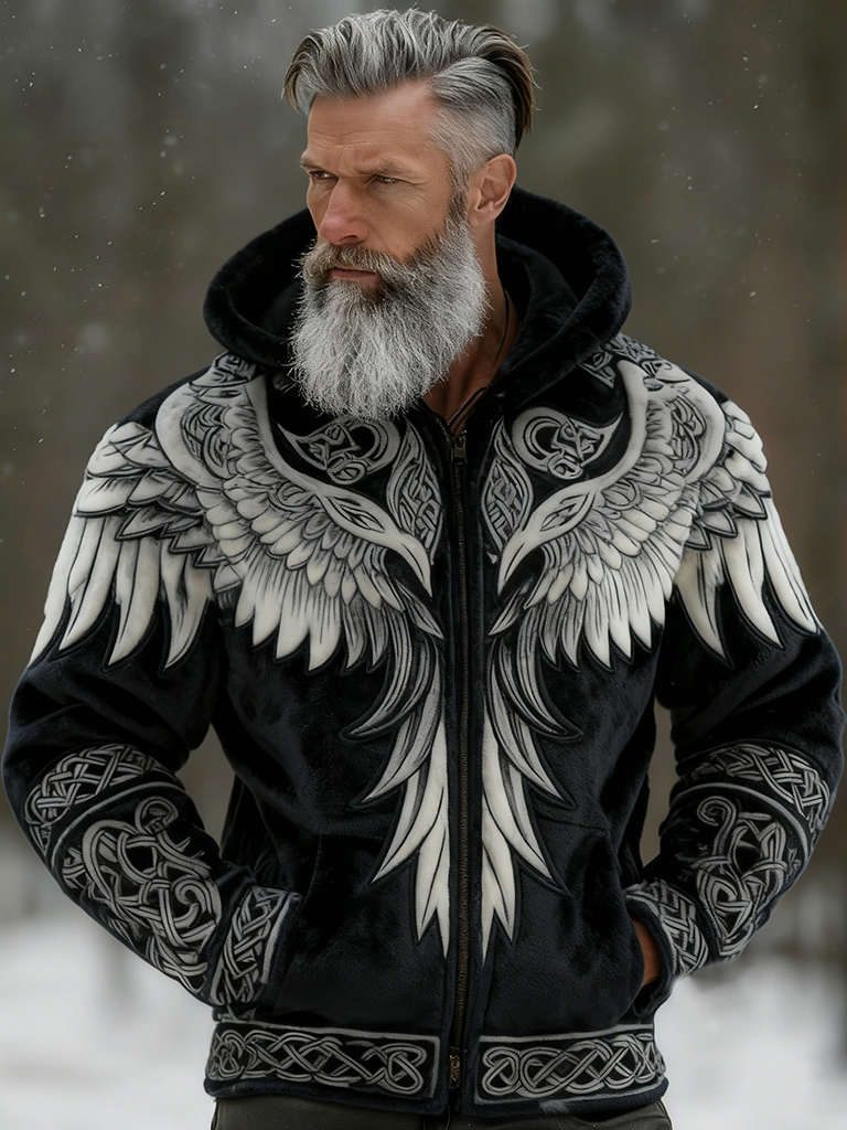 Men's Viking Tribal Jacquard Celtic With Wings Inspired Art Plush Warm Zipped Hooded Jacket