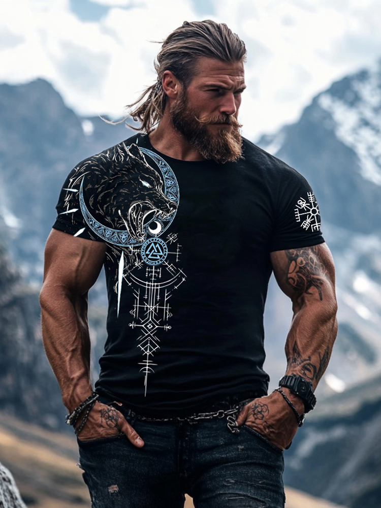 Men's Vintage Viking Wolf Totem Graphic Casual T Shirt