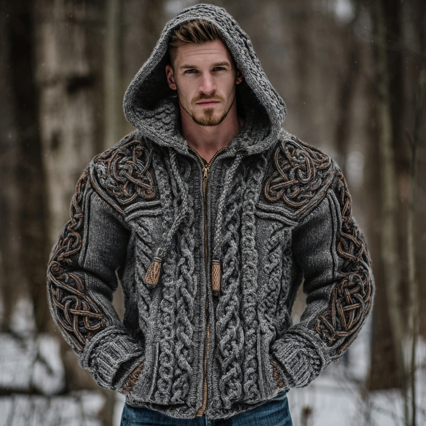 Men's Vintage Viking Celtic Knot Art Chunky Knit Hooded Zip-up Sweater