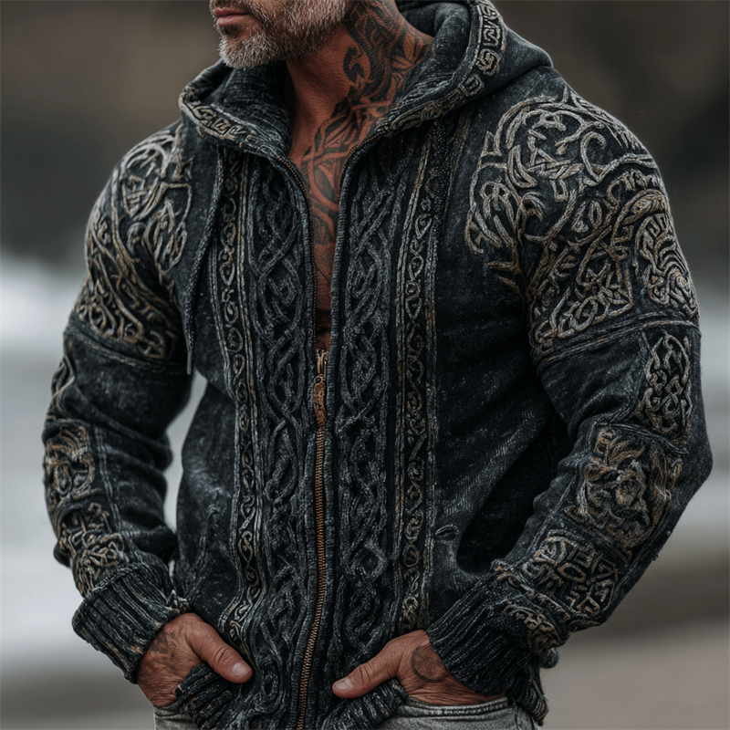 Men's Viking Celtic Knot Washed Full Zip Hooded Cardigan