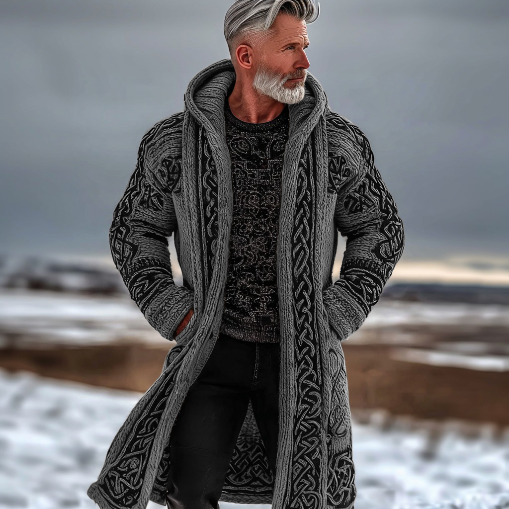 Men's Vintage Celtic Knot Knit Long Hooded Sweater Jacket