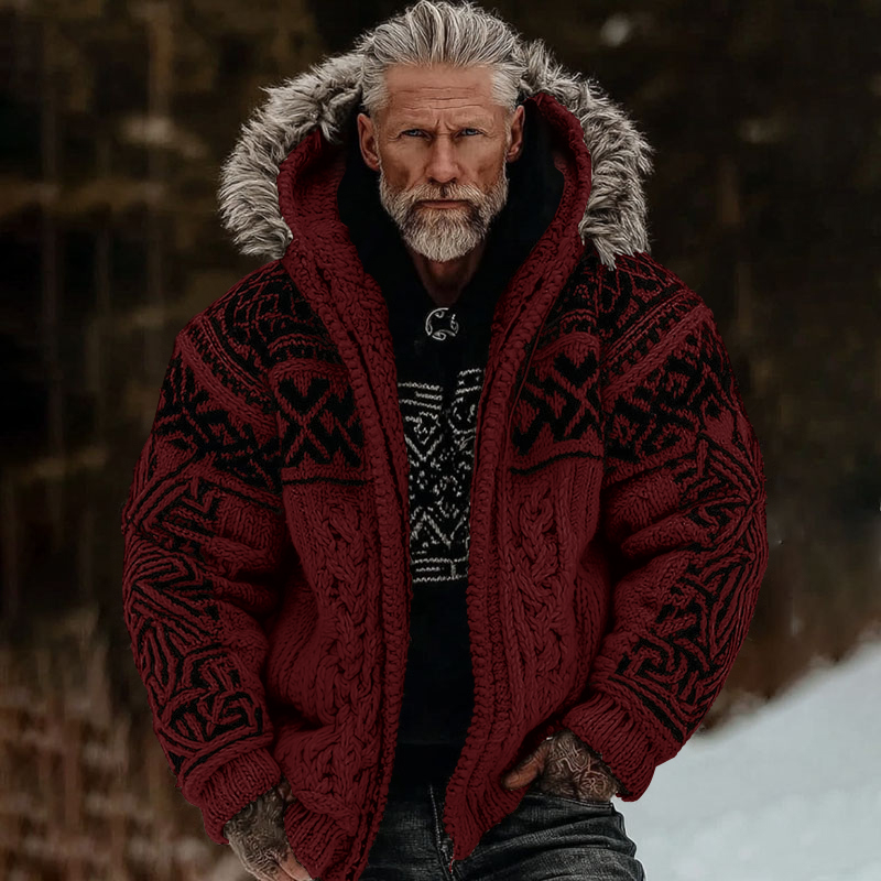 Men's Viking Celtic Art Cozy Fur Collar Knit Hooded Sweater Jacket