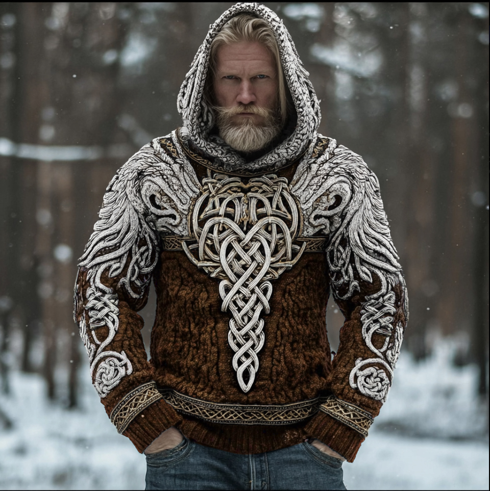 Men's Hooded Thick Sweater With Viking Style Tribal Totem And Wolf Totem Patterns