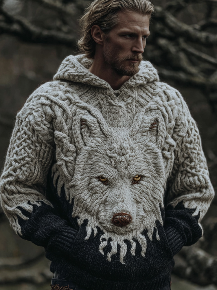 Men's Viking Style Wolf Headed Hooded Sweater
