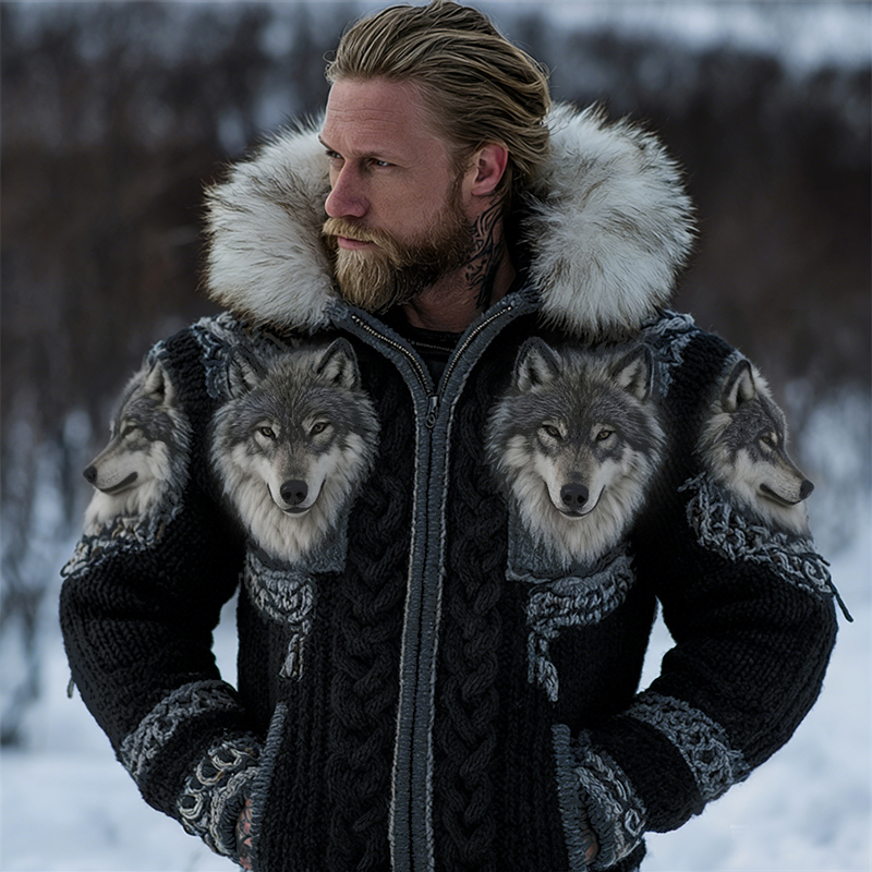 Men's Fuzzy Wolves Viking Celtic Cozy Fur Trim Hooded Cardigan