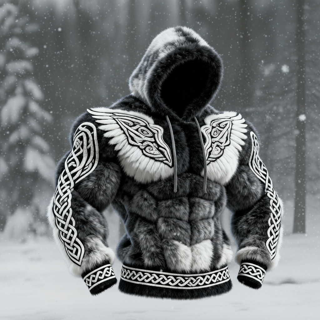Men's Viking Tribal Jacquard Celtic With Wings Inspired Art Plush Warm Hoodie