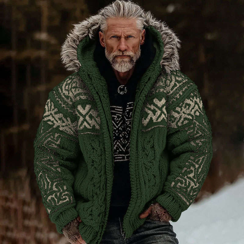 Men's Viking Celtic Art Cozy Fur Collar Knit Hooded Sweater Jacket