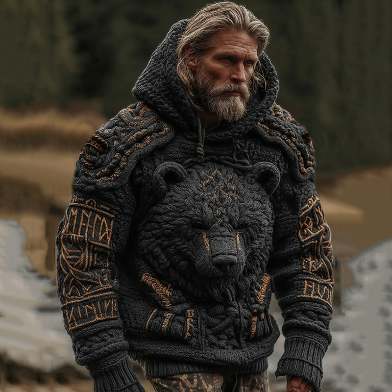 Men's Viking Brown Bear Celtic Knot Jacquard Knitted Hooded Sweater