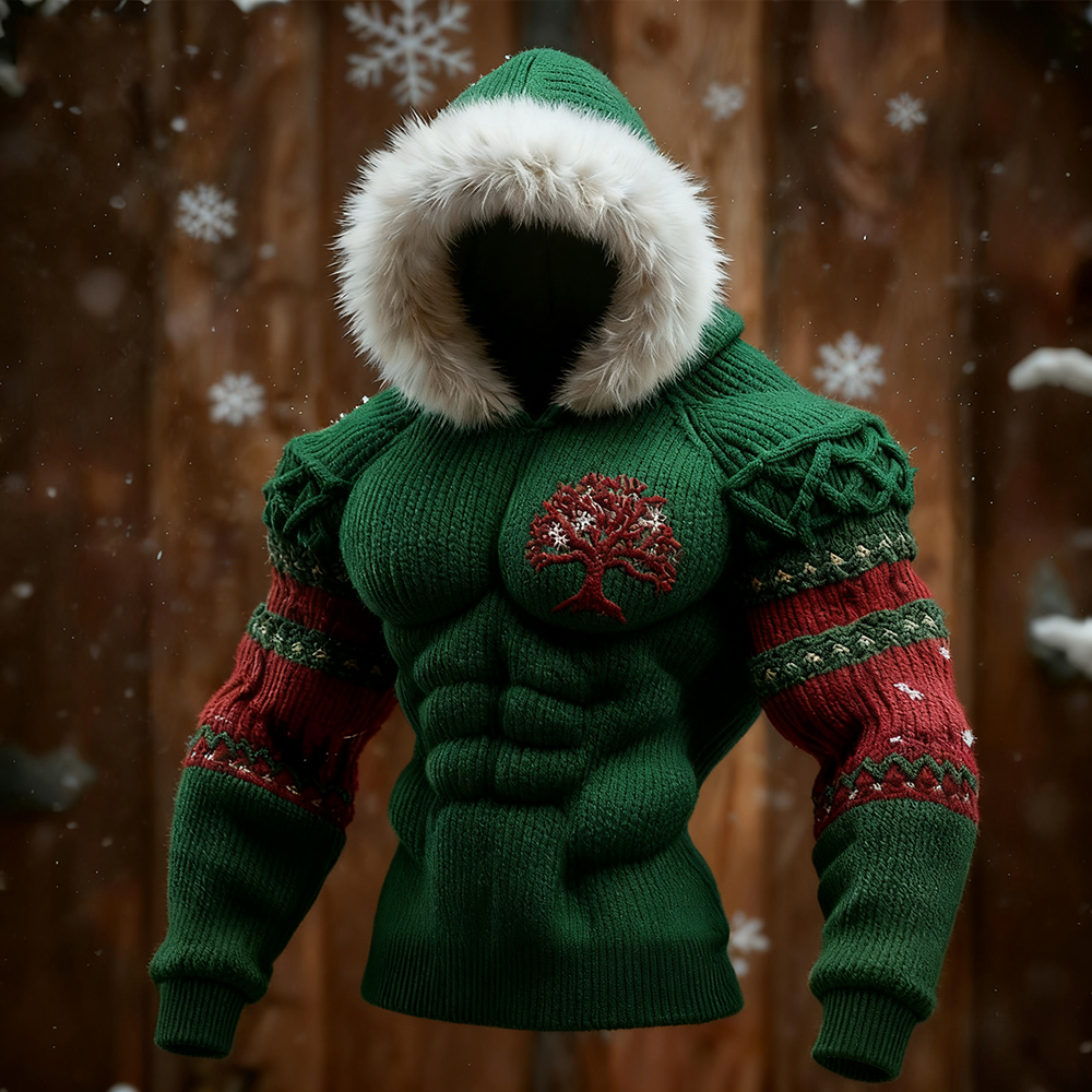 Men's Christmas Viking Tree Of Life Cozy Knit Hooded Sweater