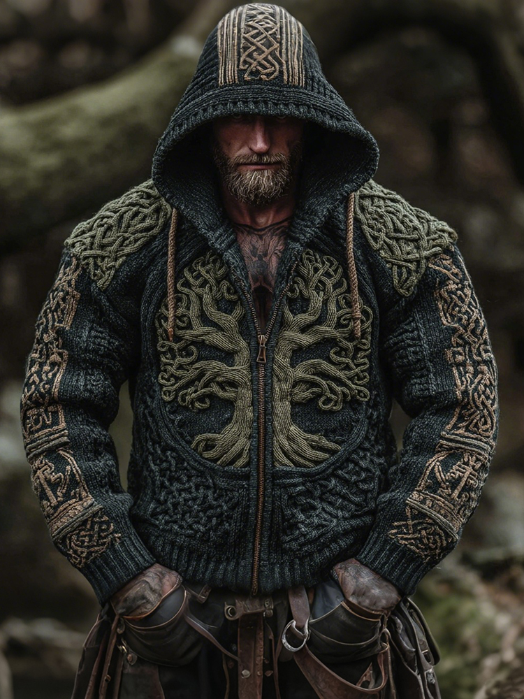 Men's Viking Tree Of Life Celtic Art Knit Hooded Zip-up Sweater