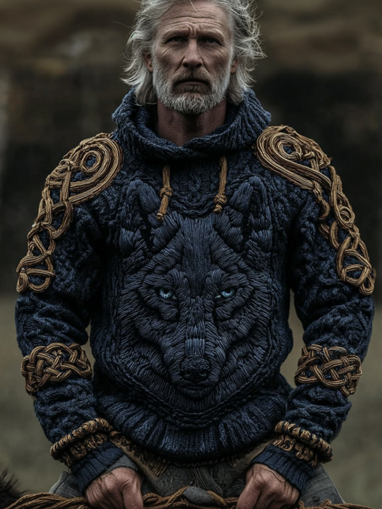 Men's Viking Style Three-dimensional Wolf Embroidery Thick Needle Hooded Sweater