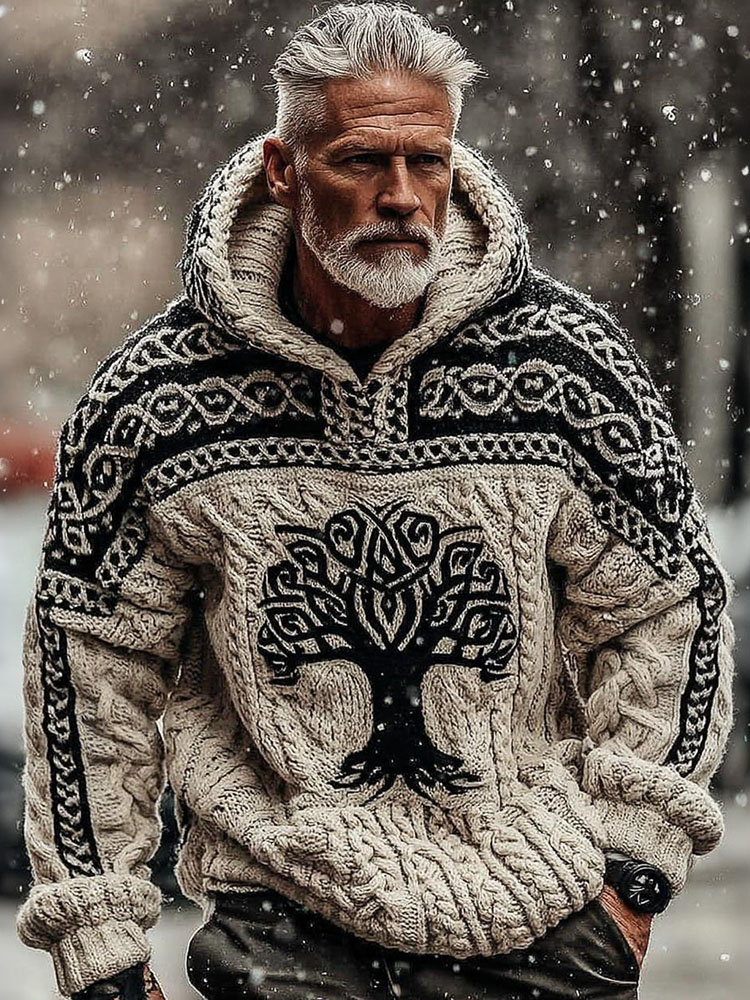 Men's Viking Celtic With Tree Of Life Art Cozy Knit Hooded Sweater