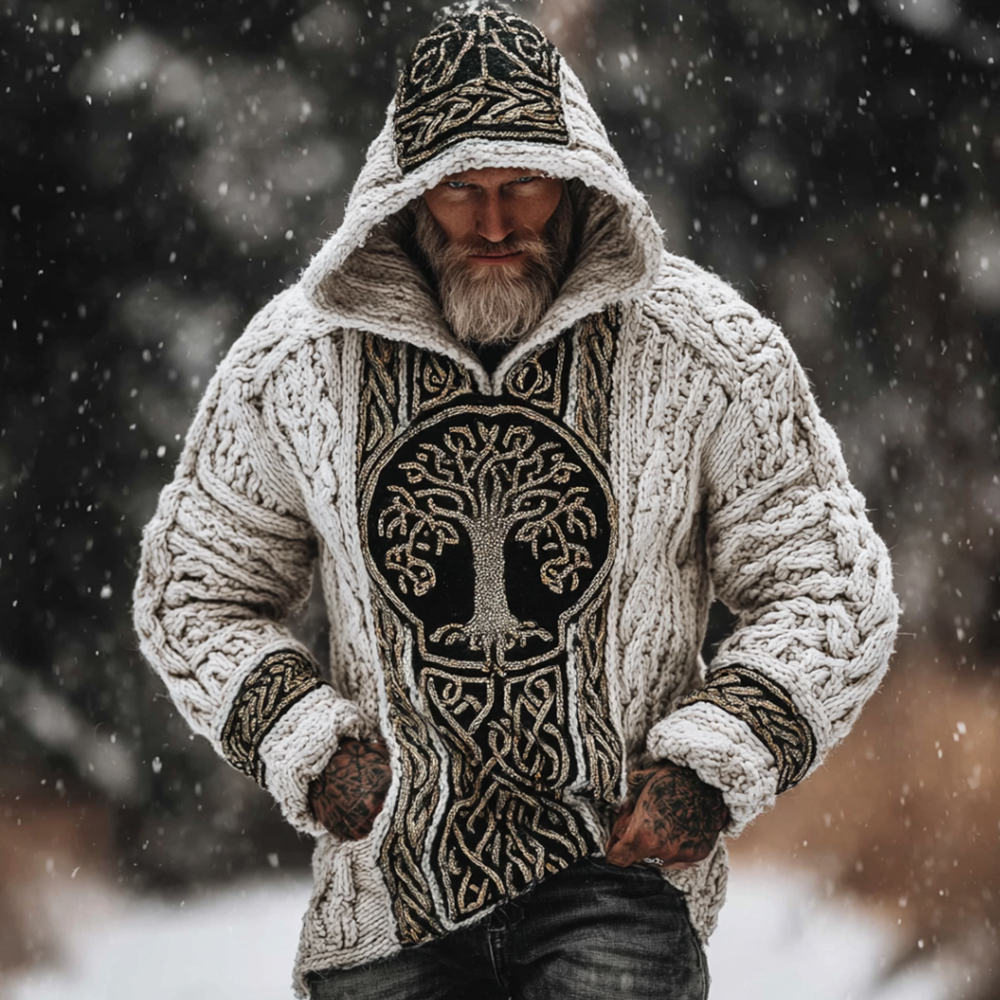 Men's Viking Style Tree Of Life White Thick Needle Hooded Sweater