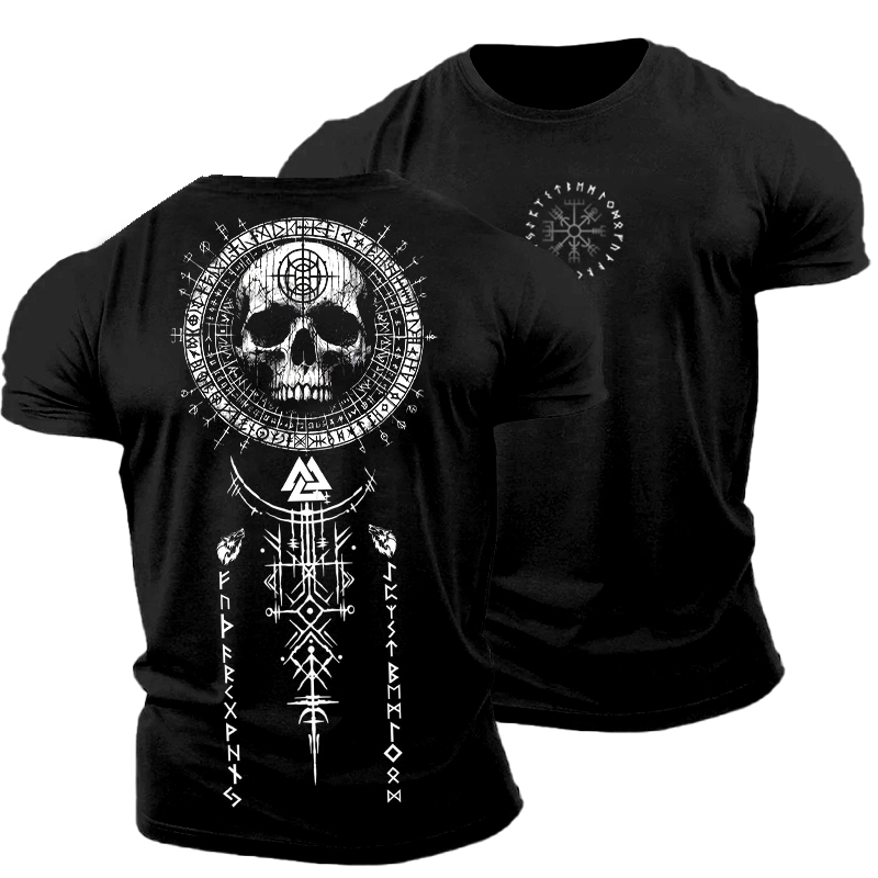 Vegvisir Viking Skull Runes Graphics Cotton T-shirt
