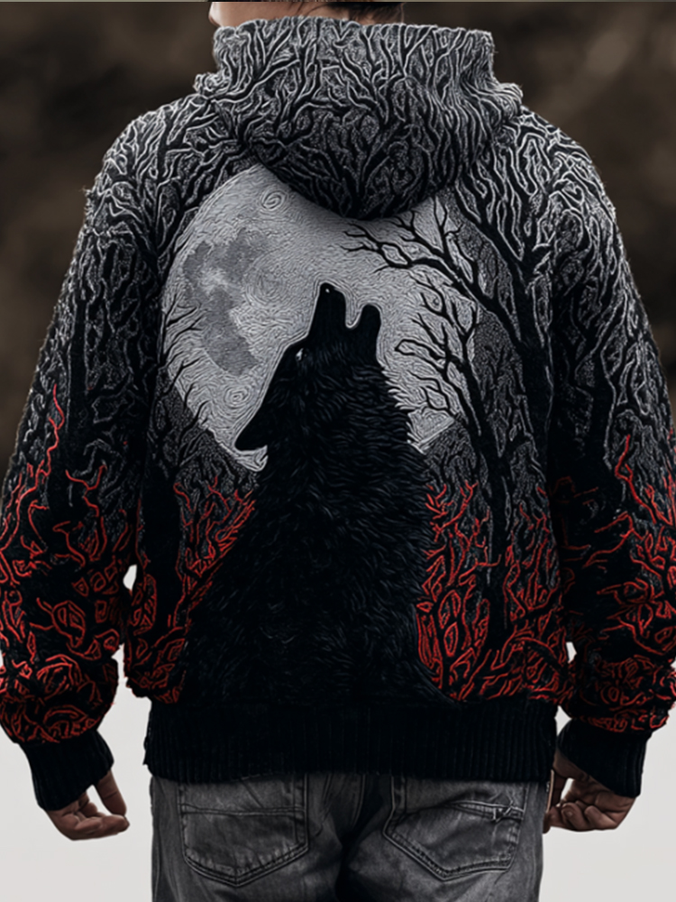 Men's Halloween Wolf Howl Full Moon 3d Embroidered Hoodie Sweater