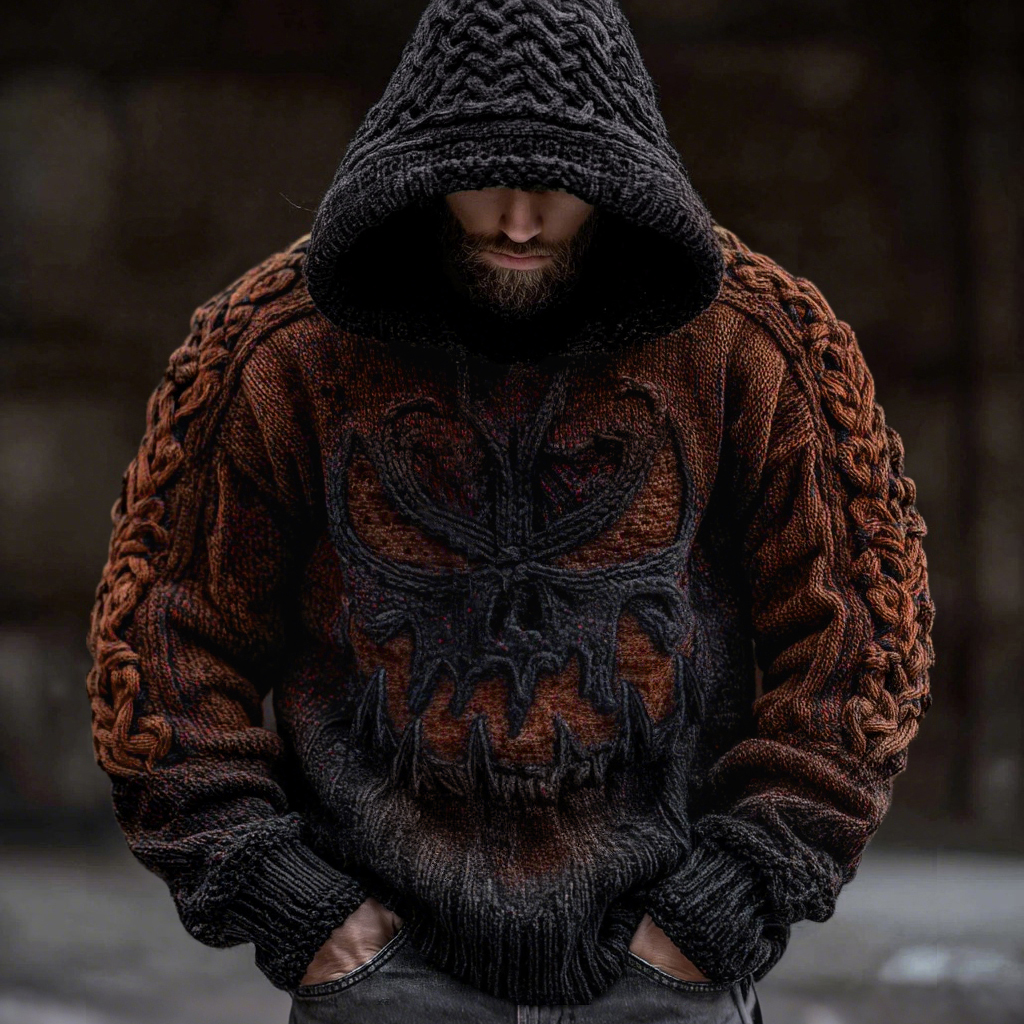 Men's Viking Devil Face Celtic Knot Jacquard Knit Hooded Sweater