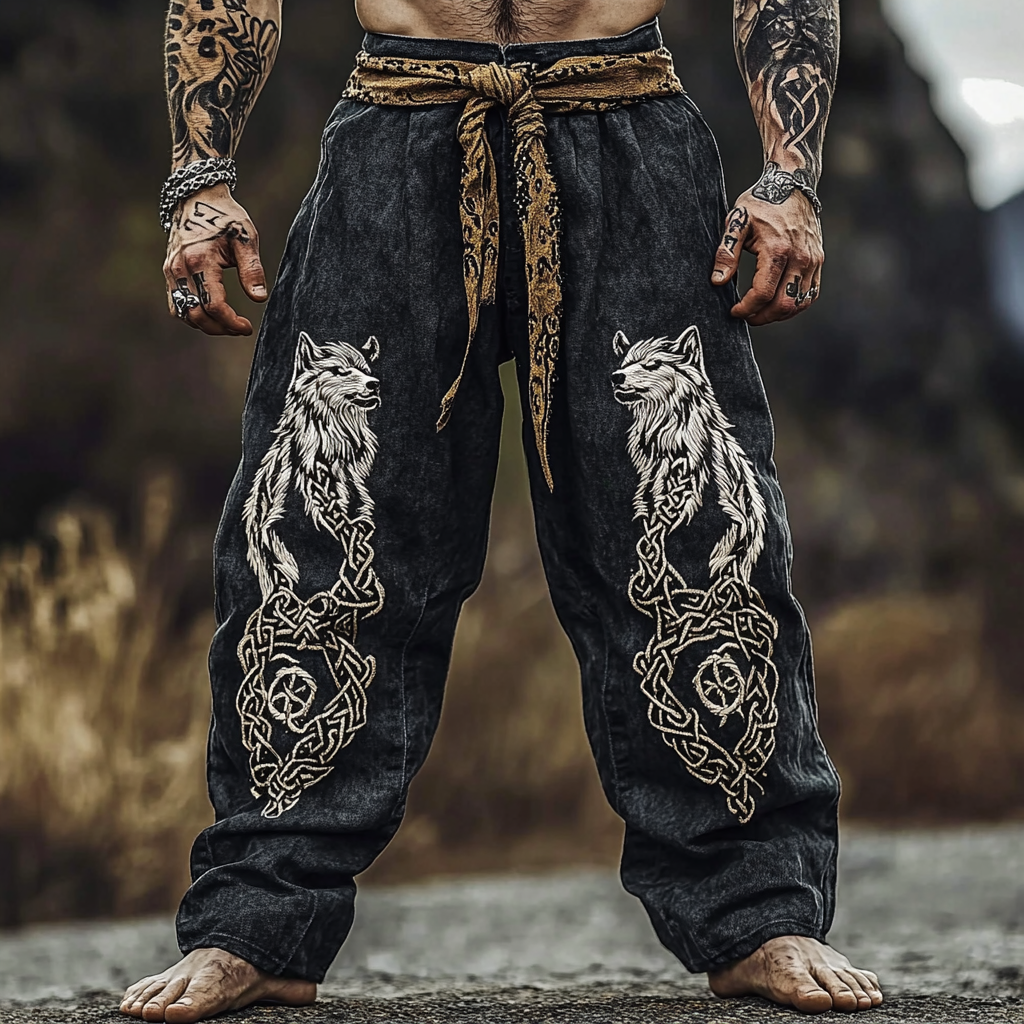Mens Vintage Viking Wolf Celtic Knot Art Linen Lounge Pants