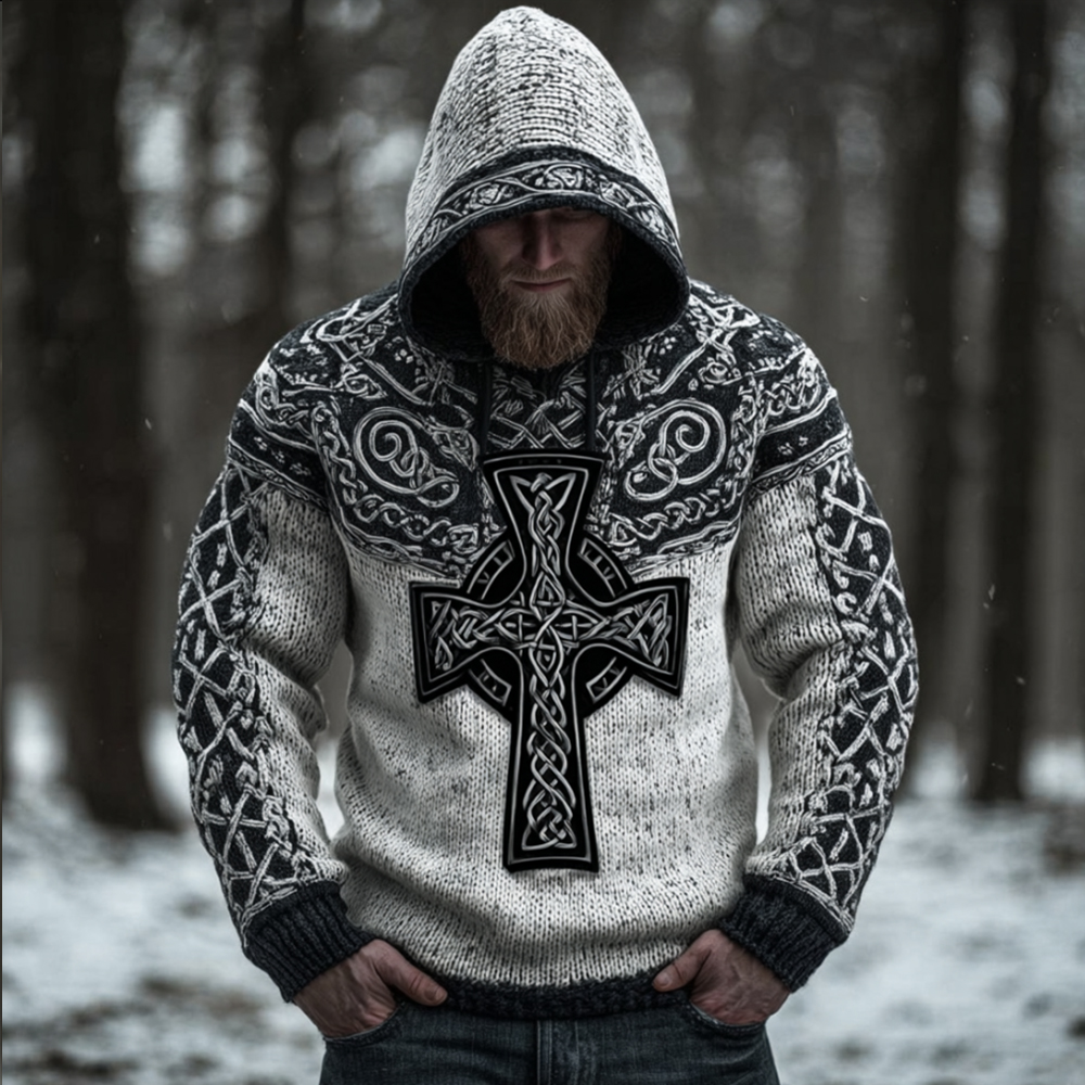 Men's Viking Style Mysterious Celtic Cross Hooded Sweater