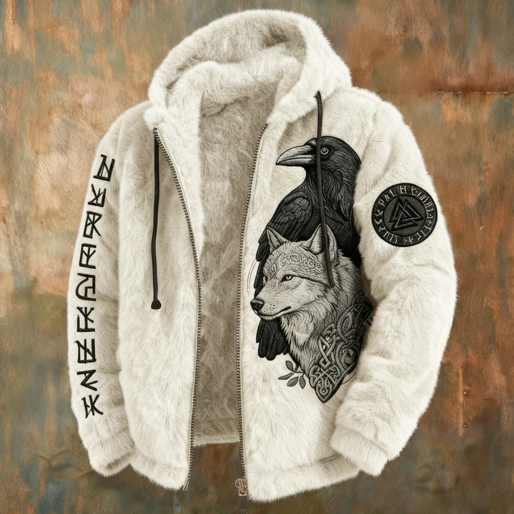 Men's Viking Tribal Jacquard Celtic With Crows & Wolves Inspired Plush Warm Zipped Hooded Jacket