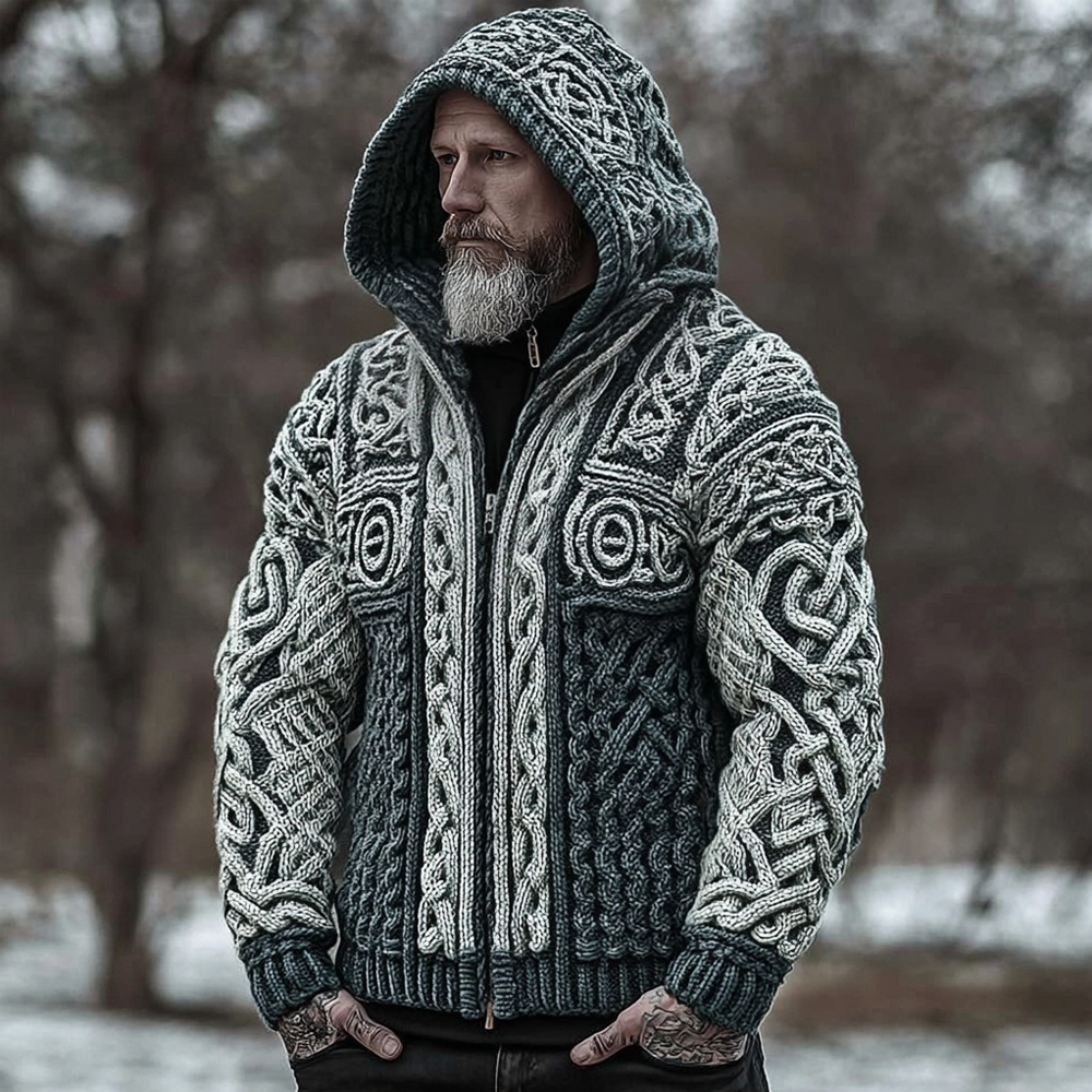 Men's Viking Inspired Celtic Zip Up Knit Hooded Cardigan