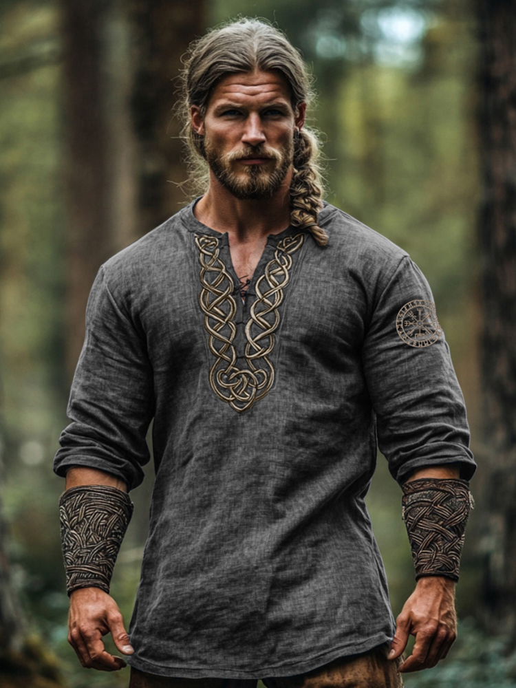 Men's Vintage Viking Symbol Linen V-neck Shirt