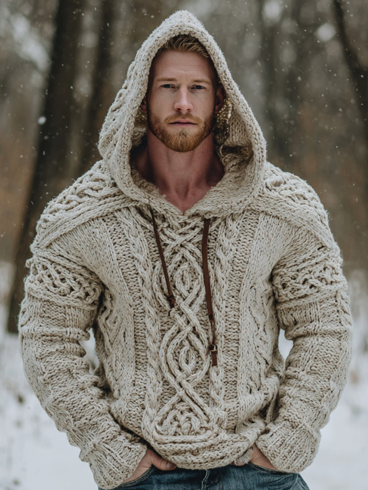 Vintage Fairman Island Celtic Knot Art Jacquard Thick Warm Hooded Sweater