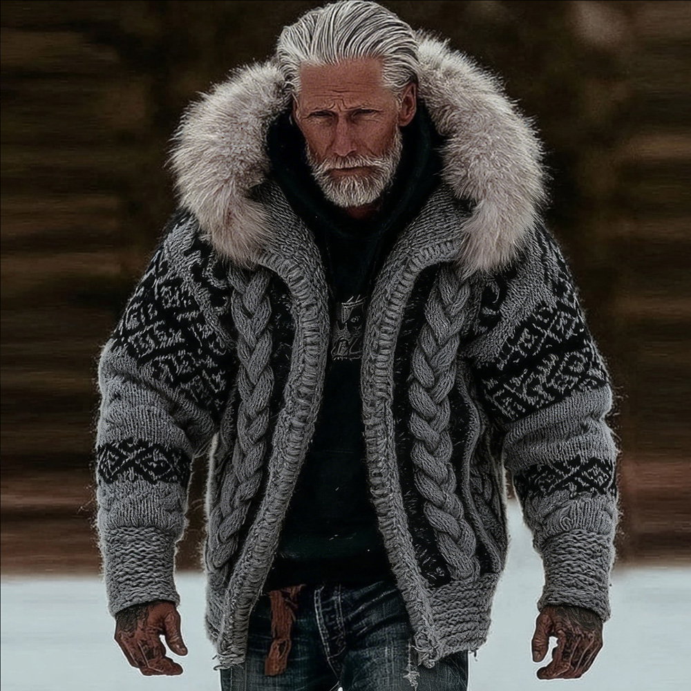 Men's Viking Style Celtic Knot Thick Needle Fur Collar Knitted Hooded Cardigan Jacket