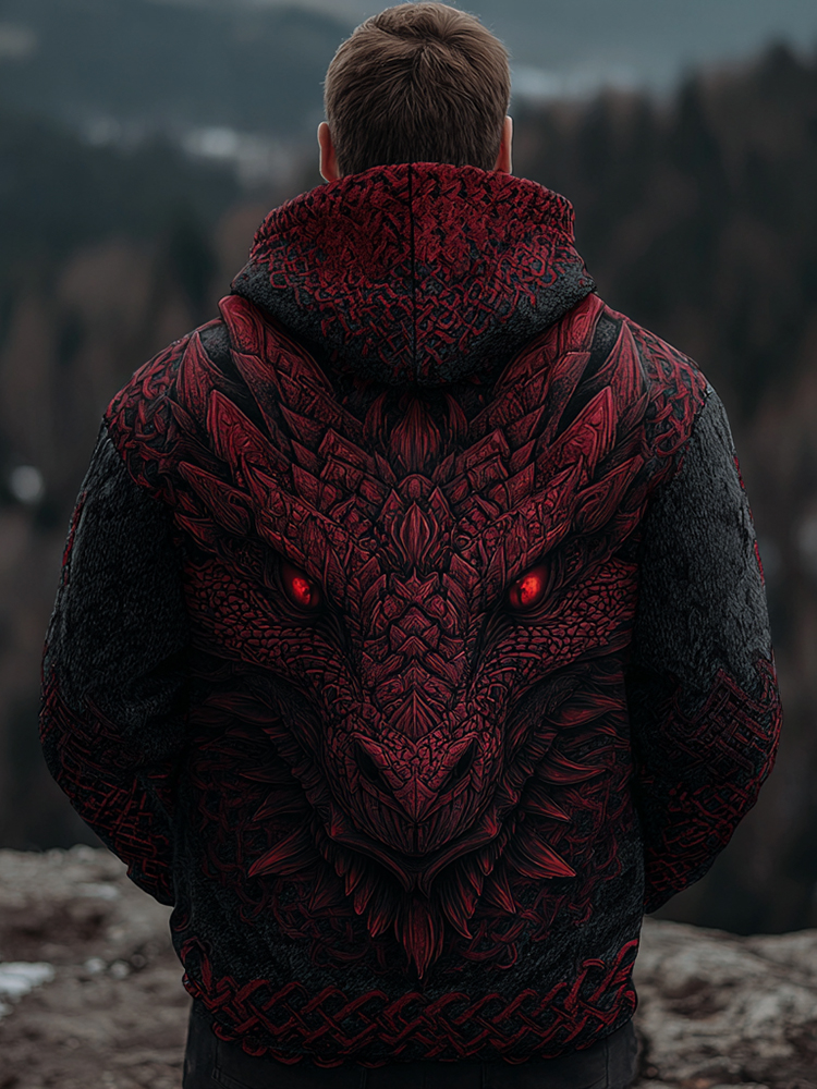 Men's Viking Red Dragon Style Celtic Thick Zip-up Hooded Sweater