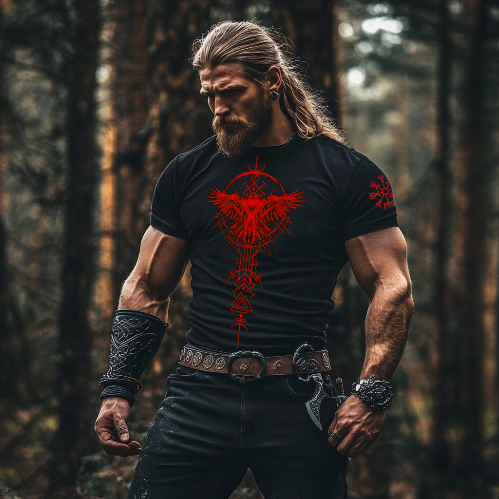 Vintage Viking Raven Rune Print Short Sleeve T-shirt