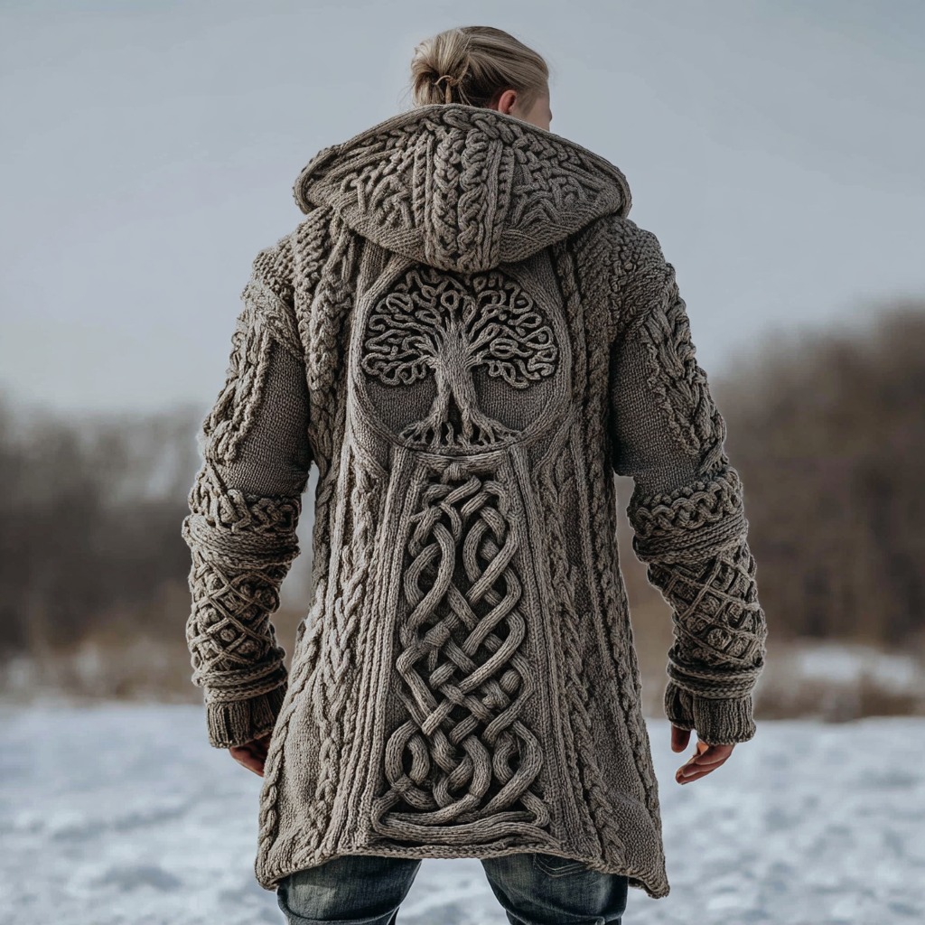 Men's Viking Tree Of Life Celtic Knot Jacquard Knit Zipped Aran Sweater Hooded Cardigan
