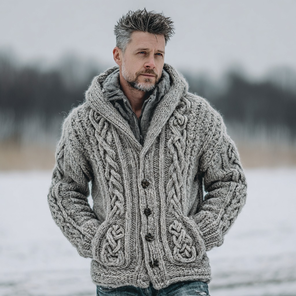 Men's Vintage Viking Celtic Knot Knitted Warm Button Sweater Cardigan