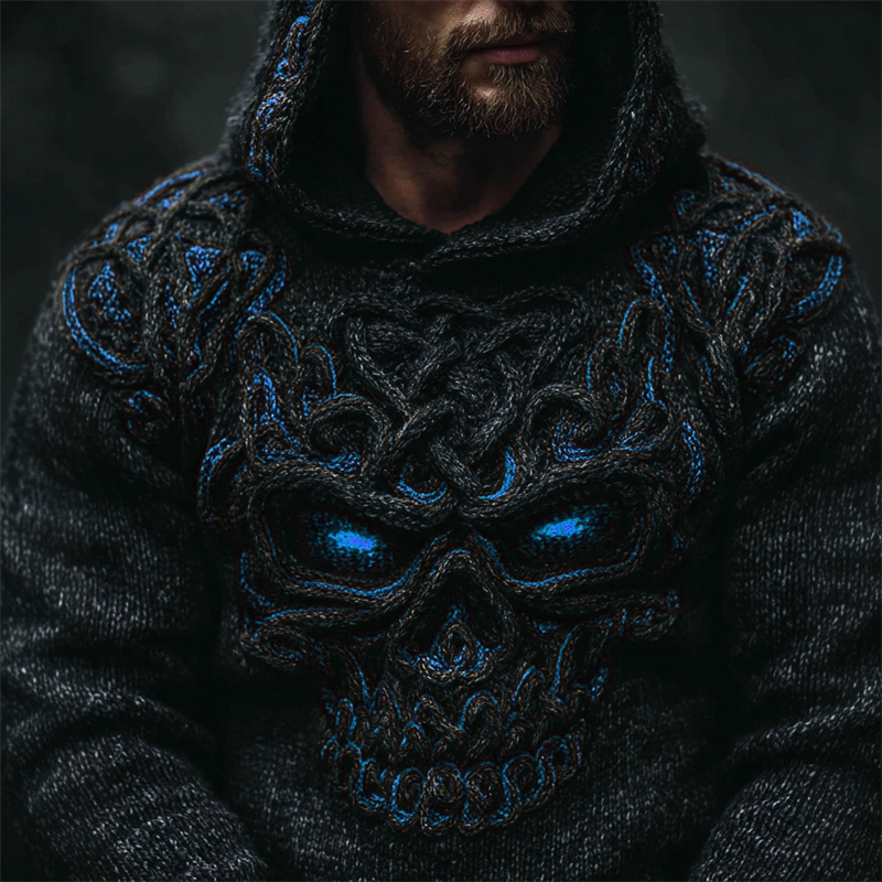 Men's Halloween Skull Celtic Knot Chunky Cozy Knit Hooded Sweater
