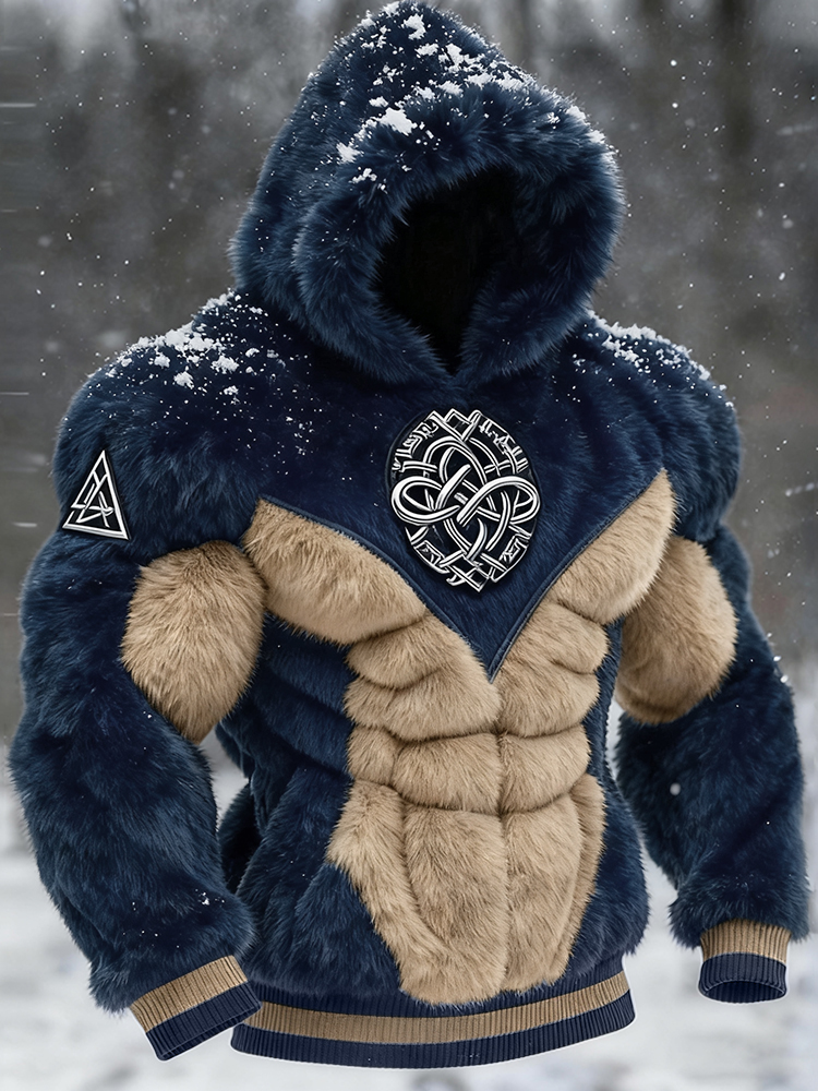 Men's Viking Tribal Jacquard Celtic Muscle Line Inspired Art Plush Warm Hoodie