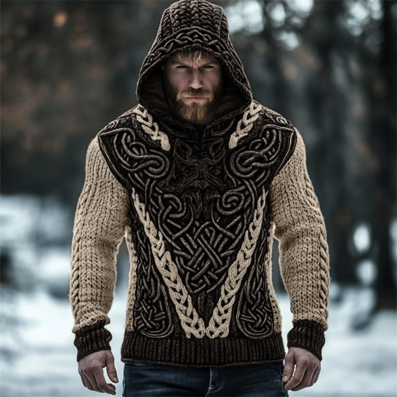 Men's Viking Wolf Inspired Celtic Chunky Hooded Sweater