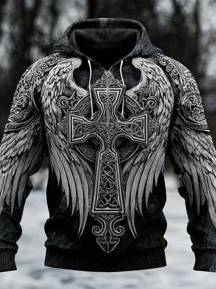 Men's Celtic Cross With Wings Viking Vintage Washed Hoodie