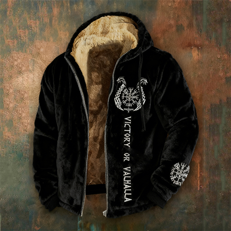 Men's Viking Vegvisir Victory Or Valhalla Embroidered Cozy Plush Hoodie